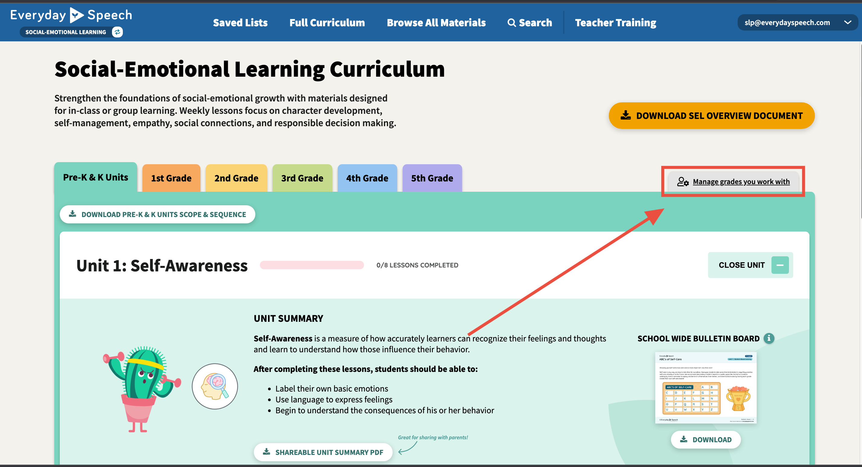 How to manage grade levels in the SEL curriculum